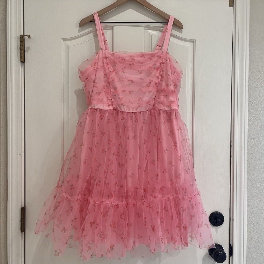 Pink Cherry Ruched Tulle Mini Dress 12 Babydoll Coquette Romantic Fairycore NWT